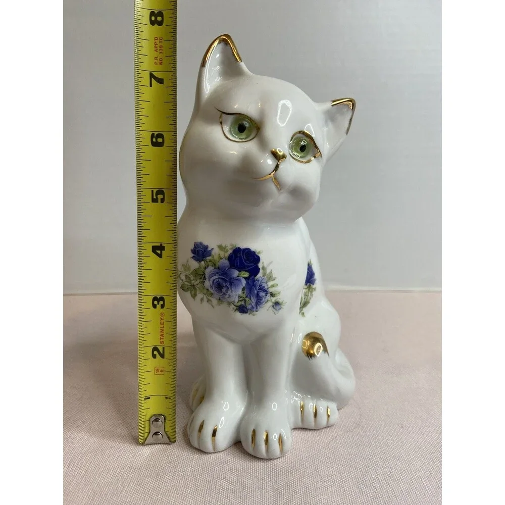 1980s Baum Brothers Blue Victorian Rose Collection Porcelain Cat